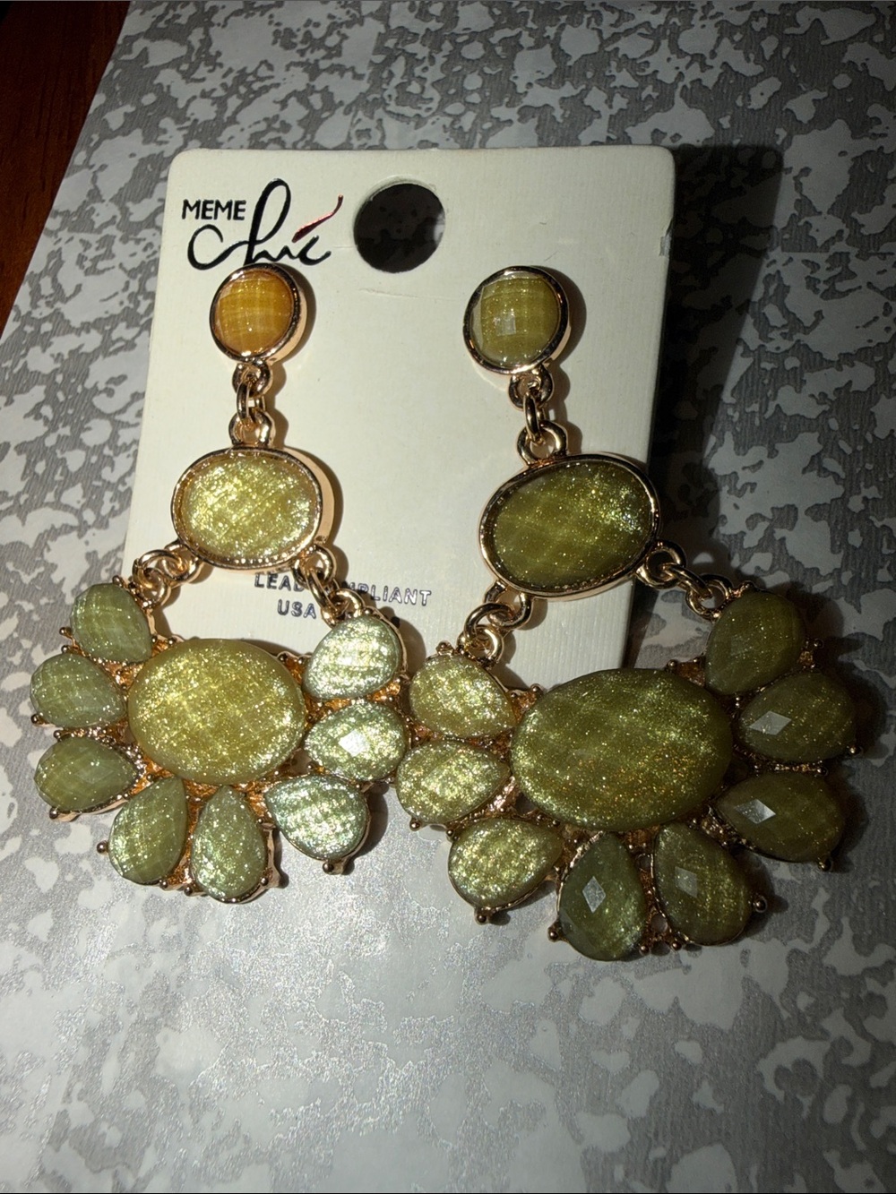 Gold-Tone Olive Green Statement Drop Earrings